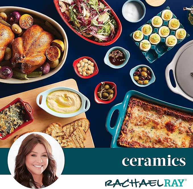 Rachael Ray Solid Glaze Ceramics Casserole Bakers/Baking Dish with Shared Lid Set, 3 Piece, Red