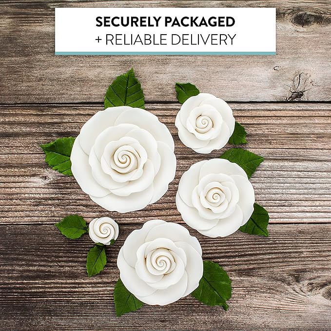 Global Sugar Art Exquisite Rose & Leaf Tray Edible Sugar Cake Flowers, White Unwired, 5 Count by