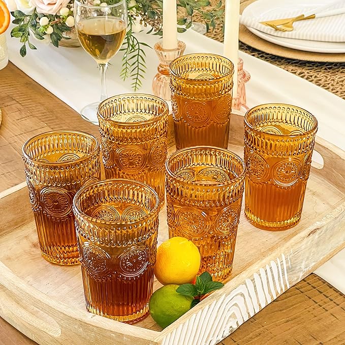 Kate Aspen Vintage Textured Amber Striped Drinking Glasses Set of 6-13 oz Ribbed Glassware with