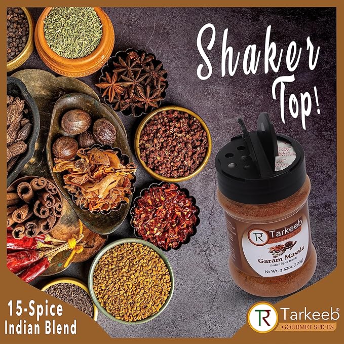 Tarkeeb Garam Masala Indian 15-Spice Blend 3.52 oz (100g) Shaker Top PET Jar ~ All Natural | Vegan