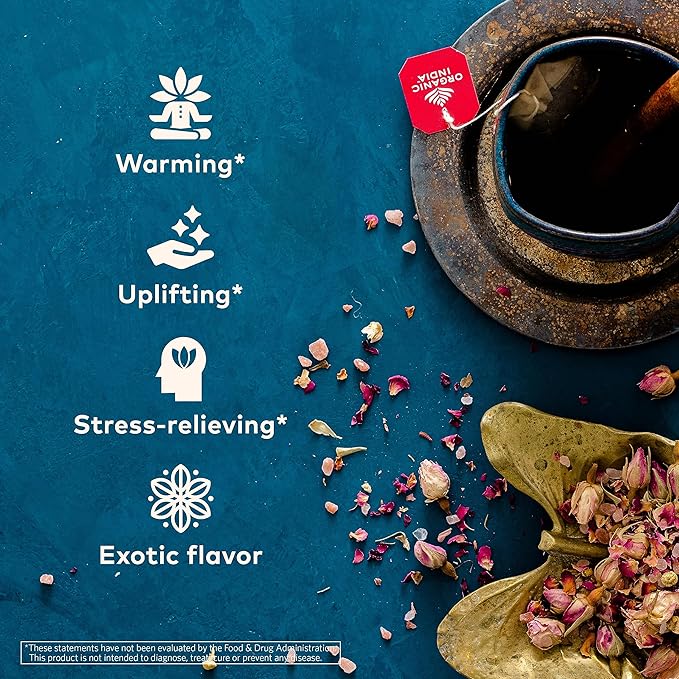 Organic India Tulsi Cinnamon Rose Herbal Tea - Holy Basil, Stress Relieving & Mystical, Immune