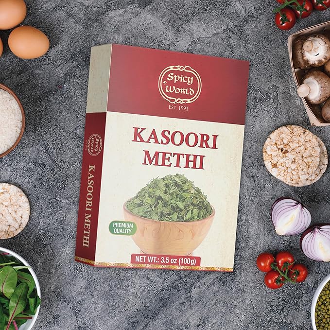 Spicy World Dried Fenugreek Leaves (Kasoori Methi) 3.5oz Box (100g) - All Natural | Vegan | Gluten