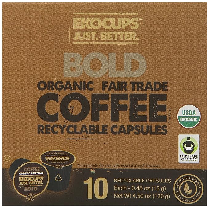 EKOCUPS Artisan Organic Bold Hot or Iced Coffee, Dark roast, in Recyclable Single Serve Cups for