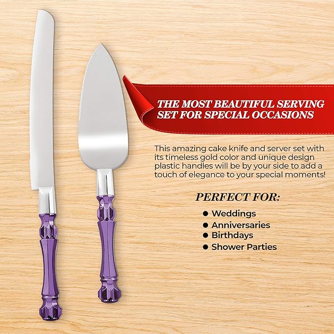 Purple Wedding Cake Knife and Server Set, Cake Cutter and Spatula, Acrylic Handle Set with 1.2mm