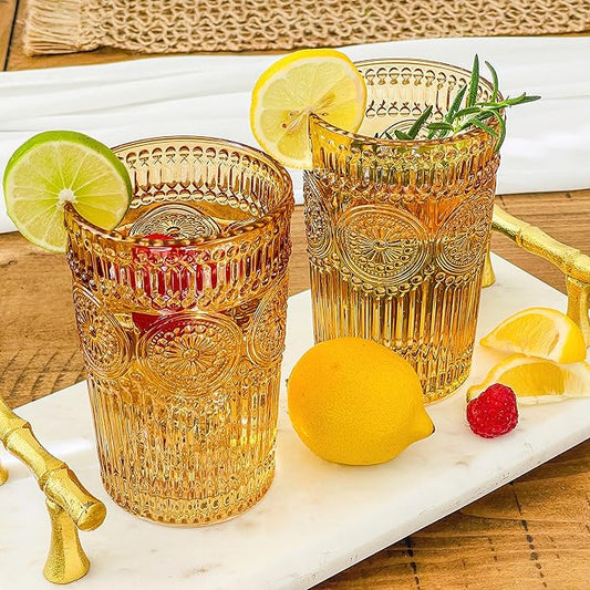 Kate Aspen Vintage Textured Amber Striped Drinking Glasses Set of 6-13 oz Ribbed Glassware with