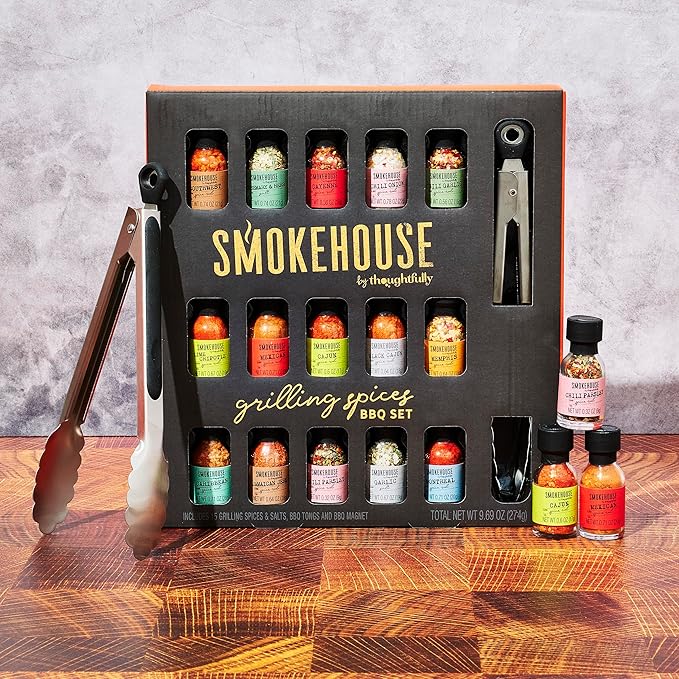 Smokehouse by Thoughtfully, Grilling Spices BBQ Set, Includes BBQ Tongs, Magnet and Flavorful