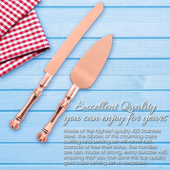Homi styles Wedding Cake knife and Server Set | Elegant Rose Gold Color Premium 420 Stainless Steel