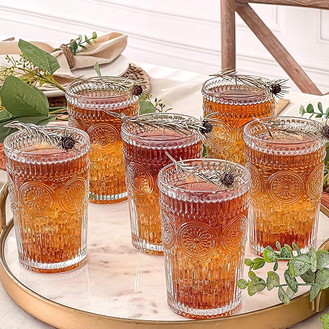 Kate Aspen Vintage Textured Clear Striped Drinking Glasses Set of 6, (13 oz) Ribbed Glassware Set