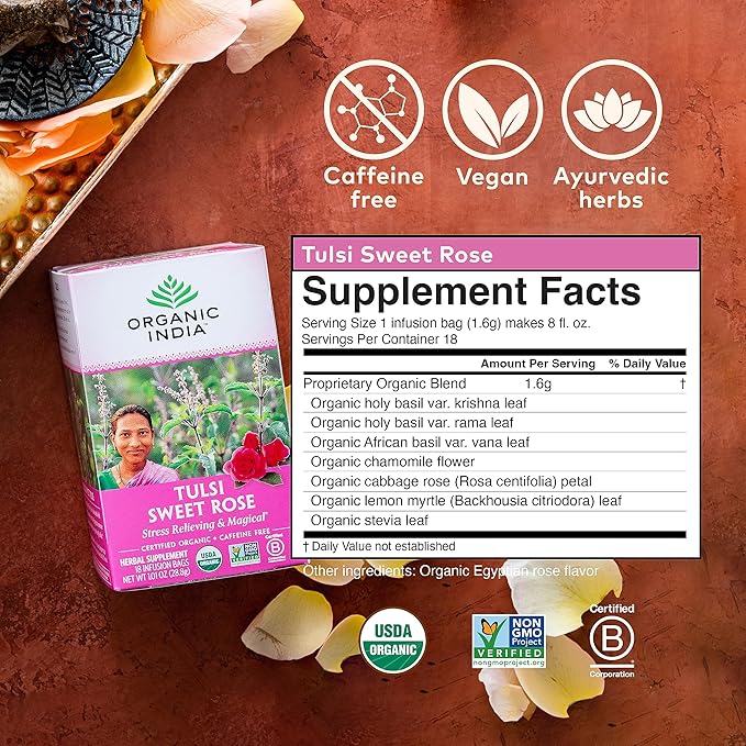 Organic India Tulsi Sweet Rose Herbal Tea - Holy Basil Leaf, African Basil, Chamomilie, Lemon