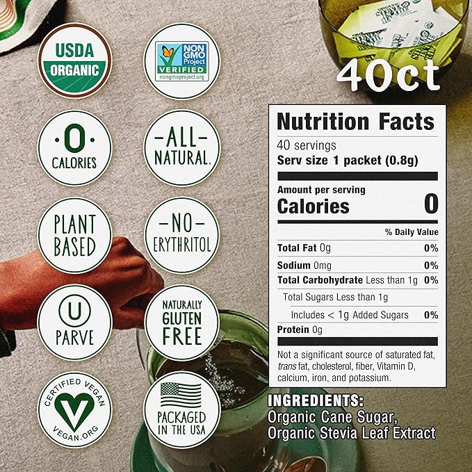 Stevia In The Raw Organic Stevia Sweetener Packets, 40 Ct, Zero Calorie Stevia Sugar Substitute