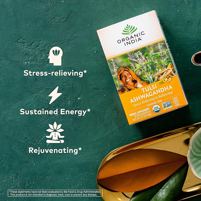 ORGANIC INDIA Calming Tulsi Ashwagandha Herbal Tea - Holy Basil Tea with Ashwagandha Root, Supports