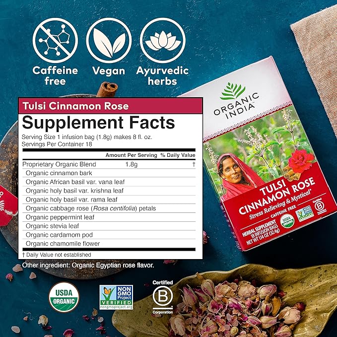 Organic India Tulsi Cinnamon Rose Herbal Tea - Holy Basil, Stress Relieving & Mystical, Immune