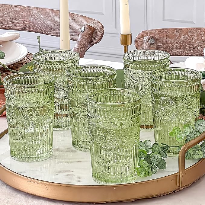 Kate Aspen Vintage Ribbed Green Drinking Glasses, Set of 6 (13oz)