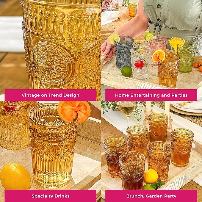 Kate Aspen Vintage Textured Amber Striped Drinking Glasses Set of 6-13 oz Ribbed Glassware with