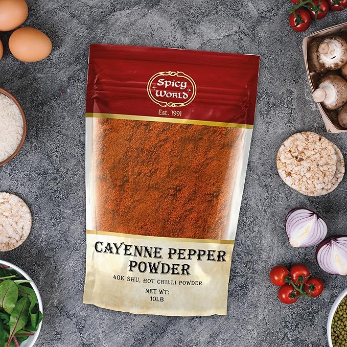 Spicy World Cayenne Pepper Powder Ground Chili Pepper 10 Pound Bulk Bag - 40K SHU, Hot Chilli Powder