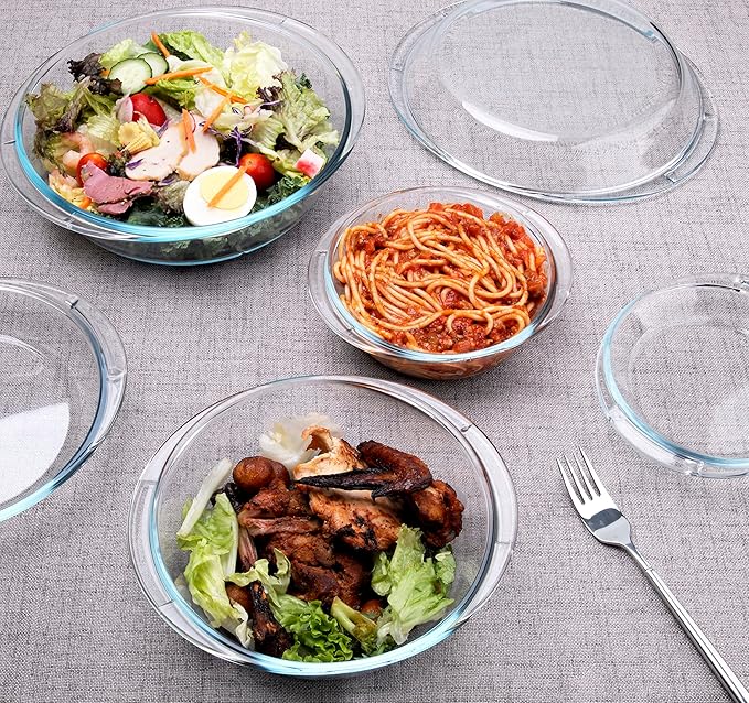 Set of 6 Round Glass Casserole Dishes, Nesting Glass Baking Dish Set with Lid, Oven, Freezer and