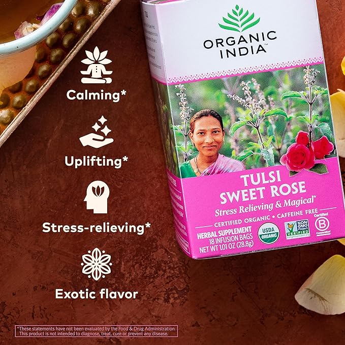 Organic India Tulsi Sweet Rose Herbal Tea - Holy Basil Leaf, African Basil, Chamomilie, Lemon