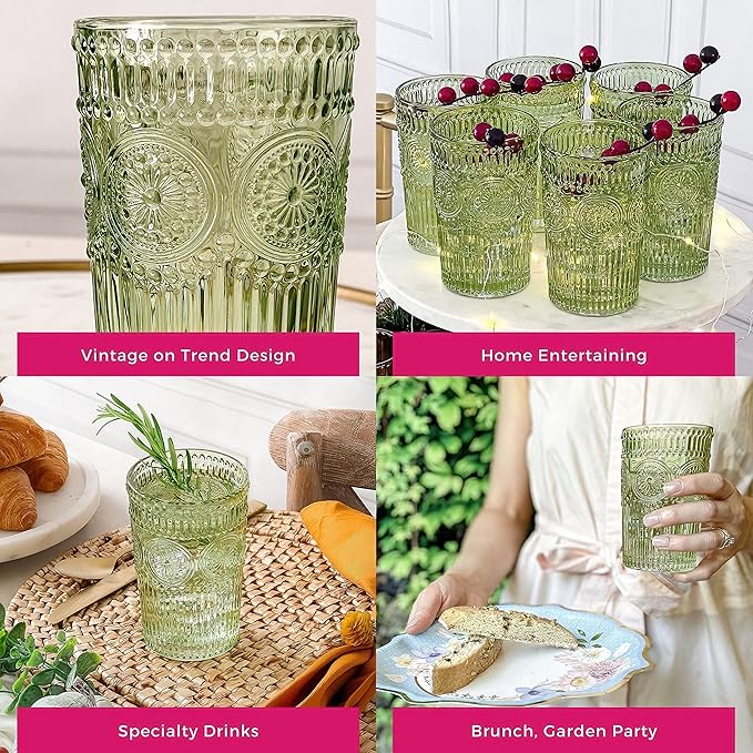 Kate Aspen Vintage Ribbed Green Drinking Glasses, Set of 6 (13oz)