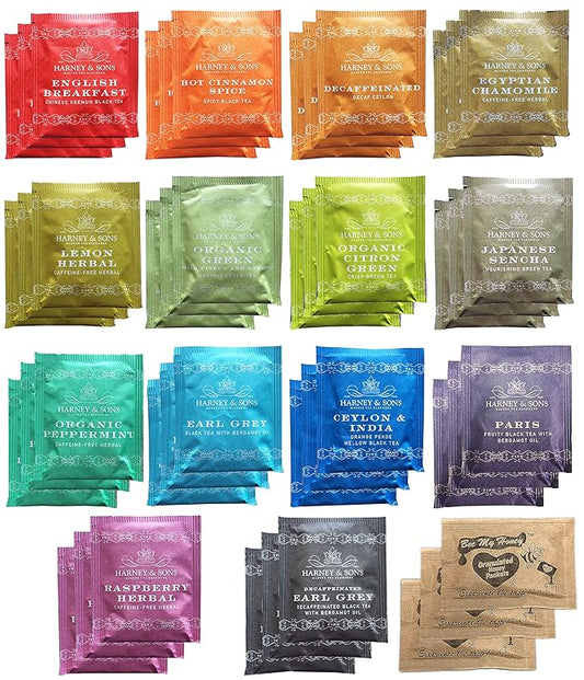 Harney & Sons Assorted Tea Bag Sampler Bundle 42 Count With Honey Crystal Packs Great for Birthday